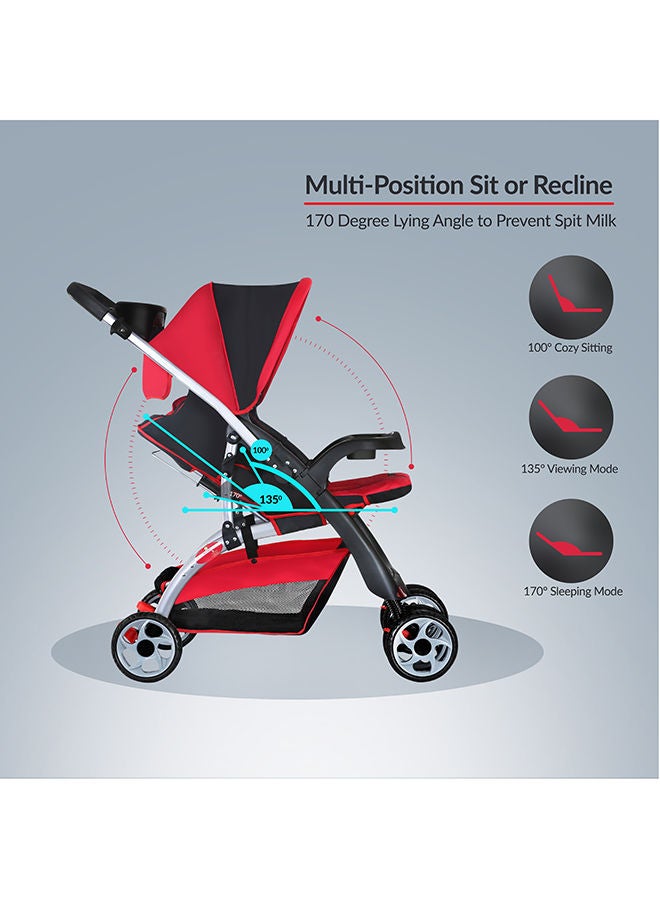 Baby Plus Red & Black Ultra-Light Stroller – Compact, Foldable & Travel-Ready for Newborns & Toddlers (0-3 Years), with Multi-Position Reclining Seat, Sun Canopy, Storage Basket & Shock-Absorbing Wheels