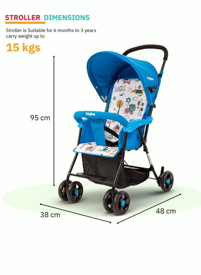 Infant Baby Stroller for Newborn Babies with 2 Position Adjustable Canopy Round Grip Handle Safety Harness Storage Basket Baby Push Stroller for Toddlers 6 Months to 3 Years Boys Girls Blue