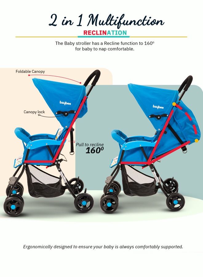 Infant Baby Stroller for Newborn Babies with 2 Position Adjustable Canopy Round Grip Handle Safety Harness Storage Basket Baby Push Stroller for Toddlers 6 Months to 3 Years Boys Girls Blue