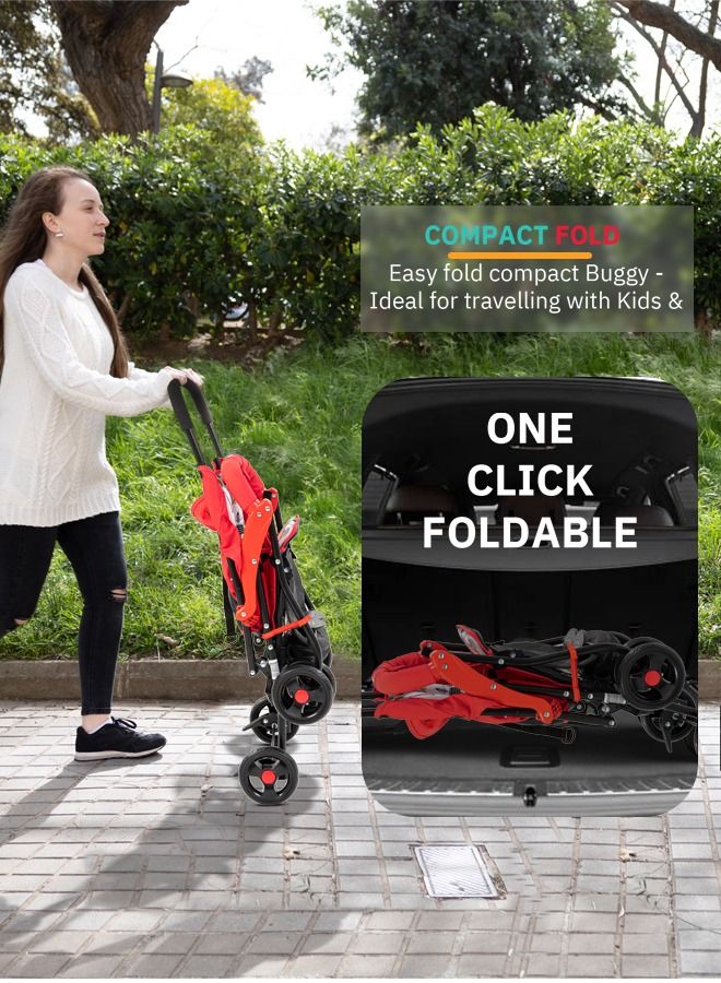 Infant Baby Stroller for Newborn Babies with 2 Position Adjustable Canopy Round Grip Handle Safety Harness Storage Basket Baby Push Stroller for Toddlers 6 Months to 3 Years Boys Girls Red