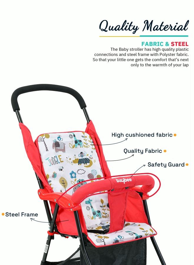 Infant Baby Stroller for Newborn Babies with 2 Position Adjustable Canopy Round Grip Handle Safety Harness Storage Basket Baby Push Stroller for Toddlers 6 Months to 3 Years Boys Girls Red