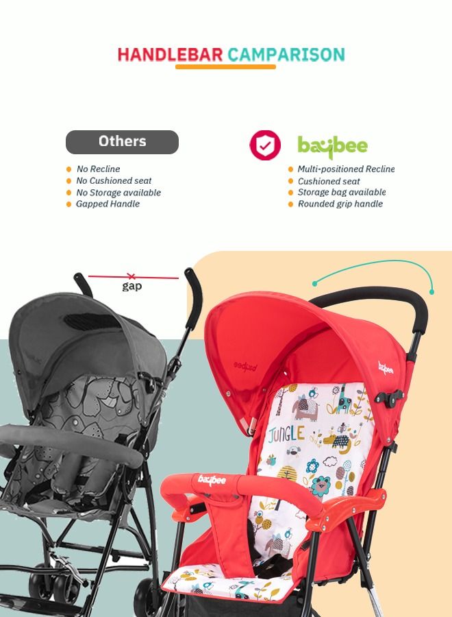 Infant Baby Stroller for Newborn Babies with 2 Position Adjustable Canopy Round Grip Handle Safety Harness Storage Basket Baby Push Stroller for Toddlers 6 Months to 3 Years Boys Girls Red