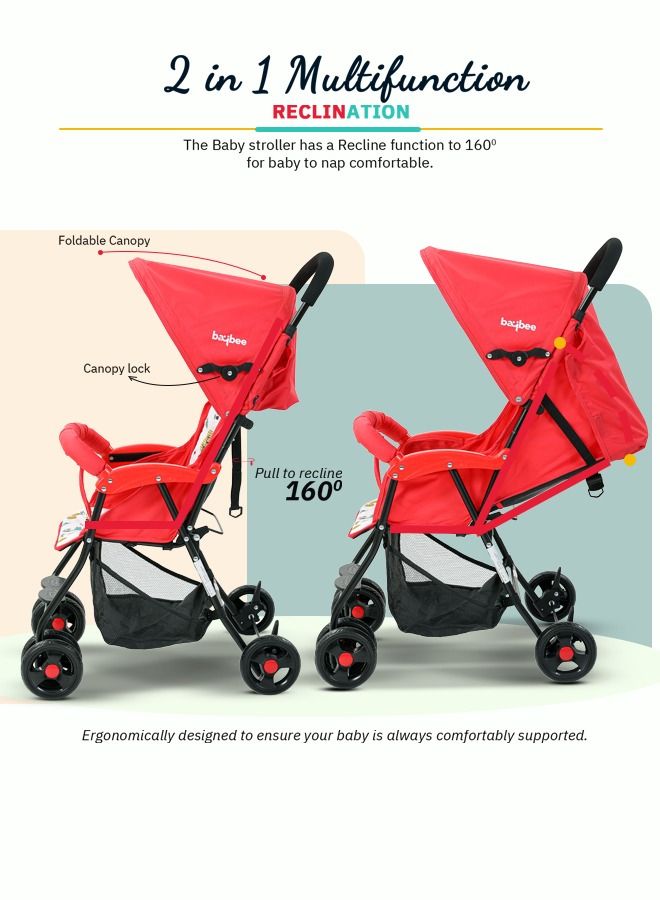 Infant Baby Stroller for Newborn Babies with 2 Position Adjustable Canopy Round Grip Handle Safety Harness Storage Basket Baby Push Stroller for Toddlers 6 Months to 3 Years Boys Girls Red