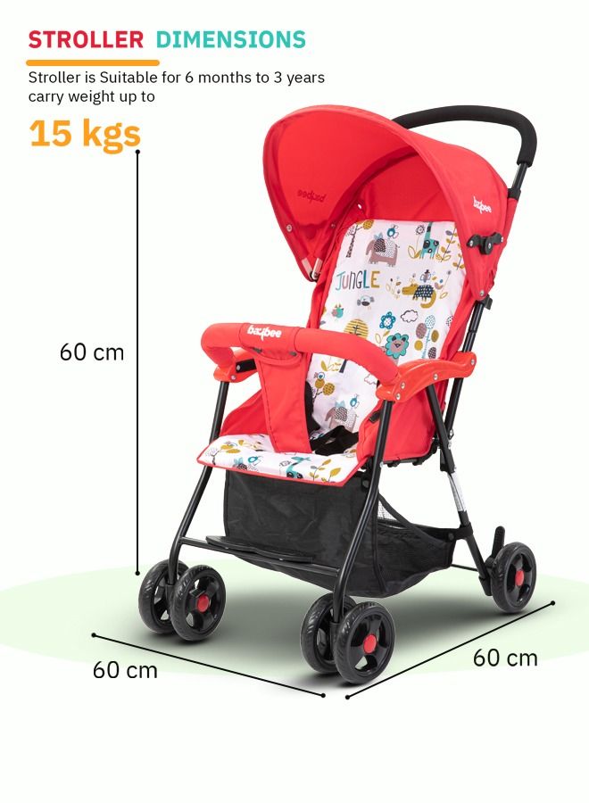 Infant Baby Stroller for Newborn Babies with 2 Position Adjustable Canopy Round Grip Handle Safety Harness Storage Basket Baby Push Stroller for Toddlers 6 Months to 3 Years Boys Girls Red