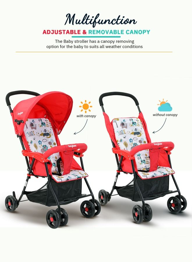 Infant Baby Stroller for Newborn Babies with 2 Position Adjustable Canopy Round Grip Handle Safety Harness Storage Basket Baby Push Stroller for Toddlers 6 Months to 3 Years Boys Girls Red