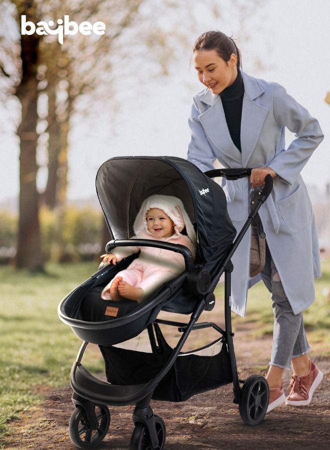 2 In 1 Infant Baby Pram Stroller For Newborn Babies With 3 Position Adjustable Seat Canopy Reversible Bassinet Large Wheels Travel System Baby Stroller For Toddlers 0 To 3 Years Boy Girl Black