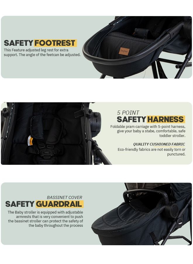 2 In 1 Infant Baby Pram Stroller For Newborn Babies With 3 Position Adjustable Seat Canopy Reversible Bassinet Large Wheels Travel System Baby Stroller For Toddlers 0 To 3 Years Boy Girl Black