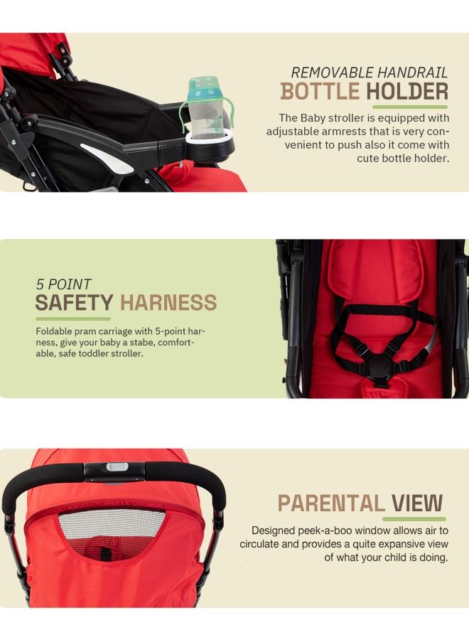 Portable Infant Baby Stroller For Babies With 3 Position Adjustable Seat Canopy Reversible Handle Safety Belt And Storage Baby Stroller For Baby Toddlers 0 To 3 Years Boy Girl Red