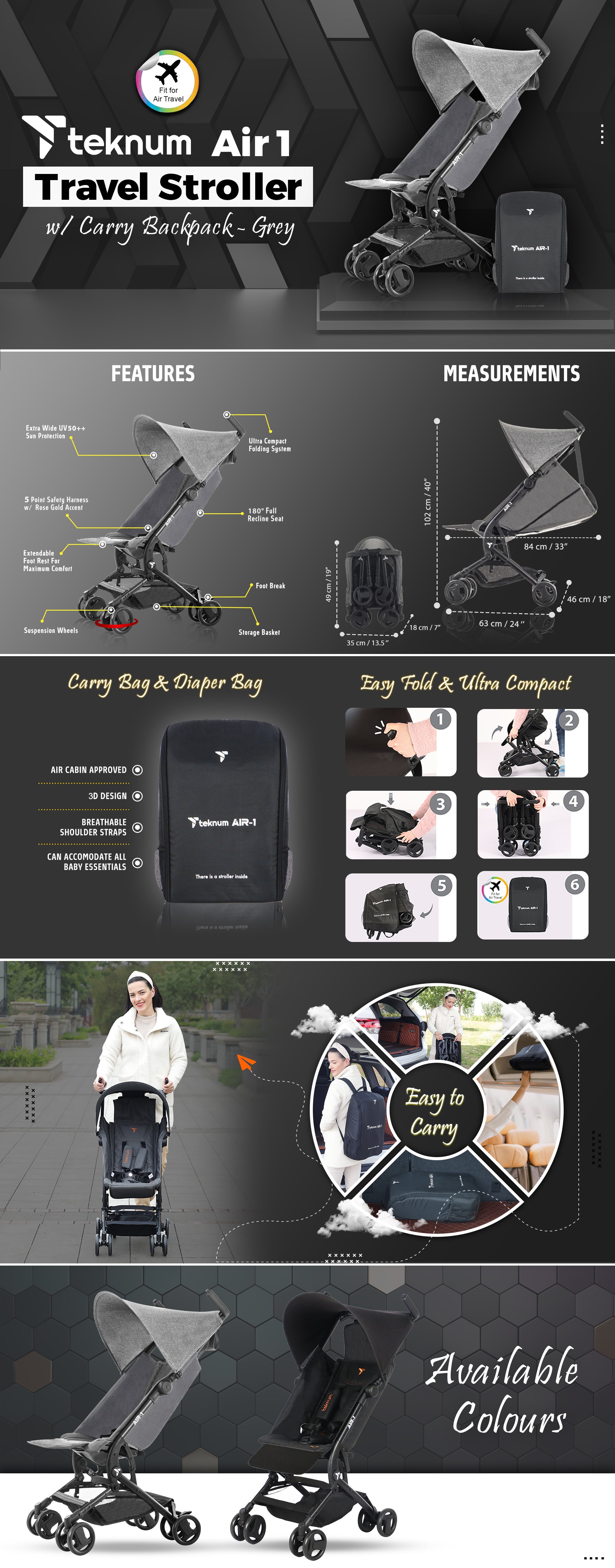 Air - 1 Travel Stroller With Carry Backpack - Grey