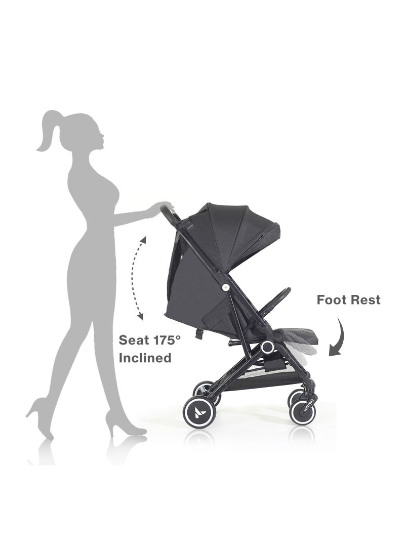 Travel Cabin Stroller with Extra Wide Canopy, Reclining Seat, Breathable Fabric - Black, 0m+ - 22kg