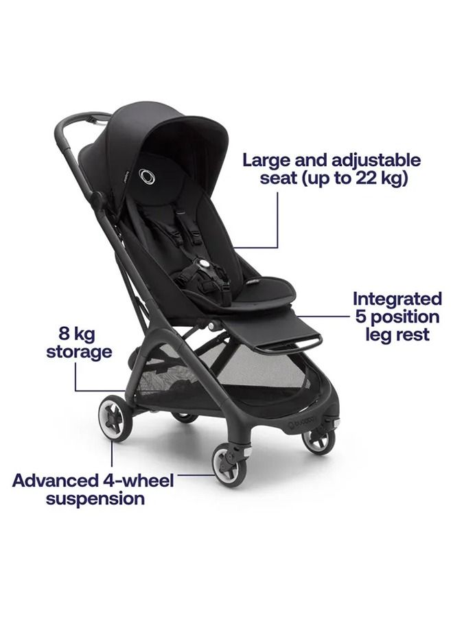 Butterfly Ultra Compact Travel Pram, Small And Lightweight, One - Handed Foldable And Easy To Steer, Ergonomic City For Babies From 6 Months , With Lots of Storage Space, Midnight Black