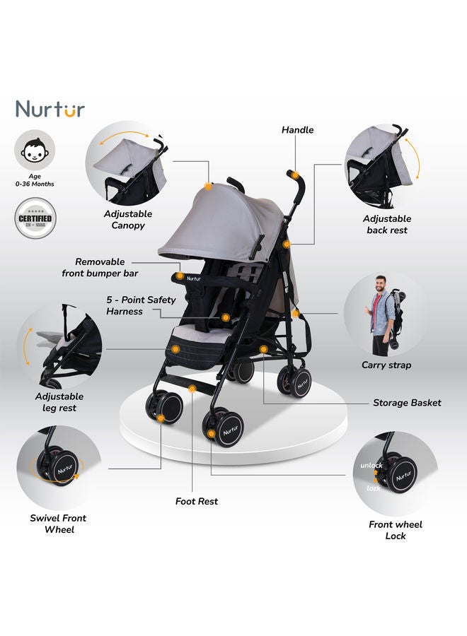 Lightweight Stroller 0 To 36 Months Storage Basket, Detachable Bumper And 5 Point Safety Harness