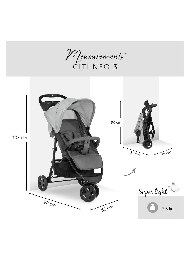 Citi Neo 3 Pushchair, Grey Lightweight 3 Wheeled Stroller (Only 7.5Kg), Compact And One Hand Folding, With Raincover