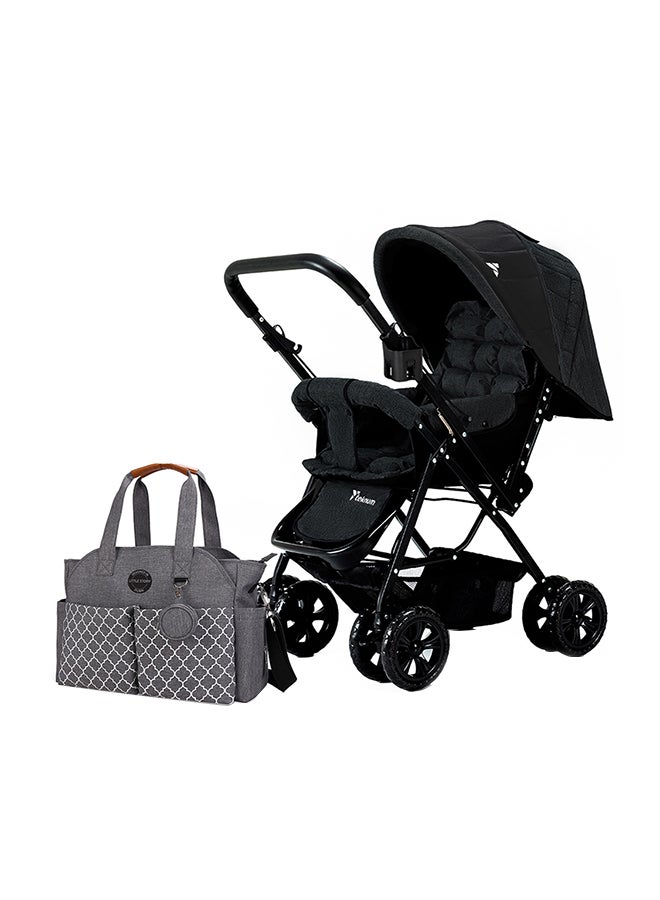 Reversible Look At Me Stroller - Black With Signature Diaper Bag - Grey