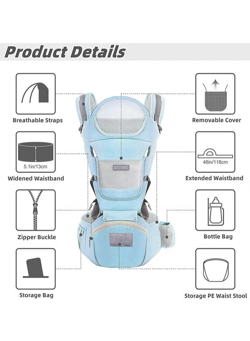 Baby Carrier, DMG 6-in-1 Multifunction Baby Strap, Adjustable Removable Baby Holder Backpack, Baby Hip Seat, 0-36 Months, Newborn to Toddler, (Light Blue)