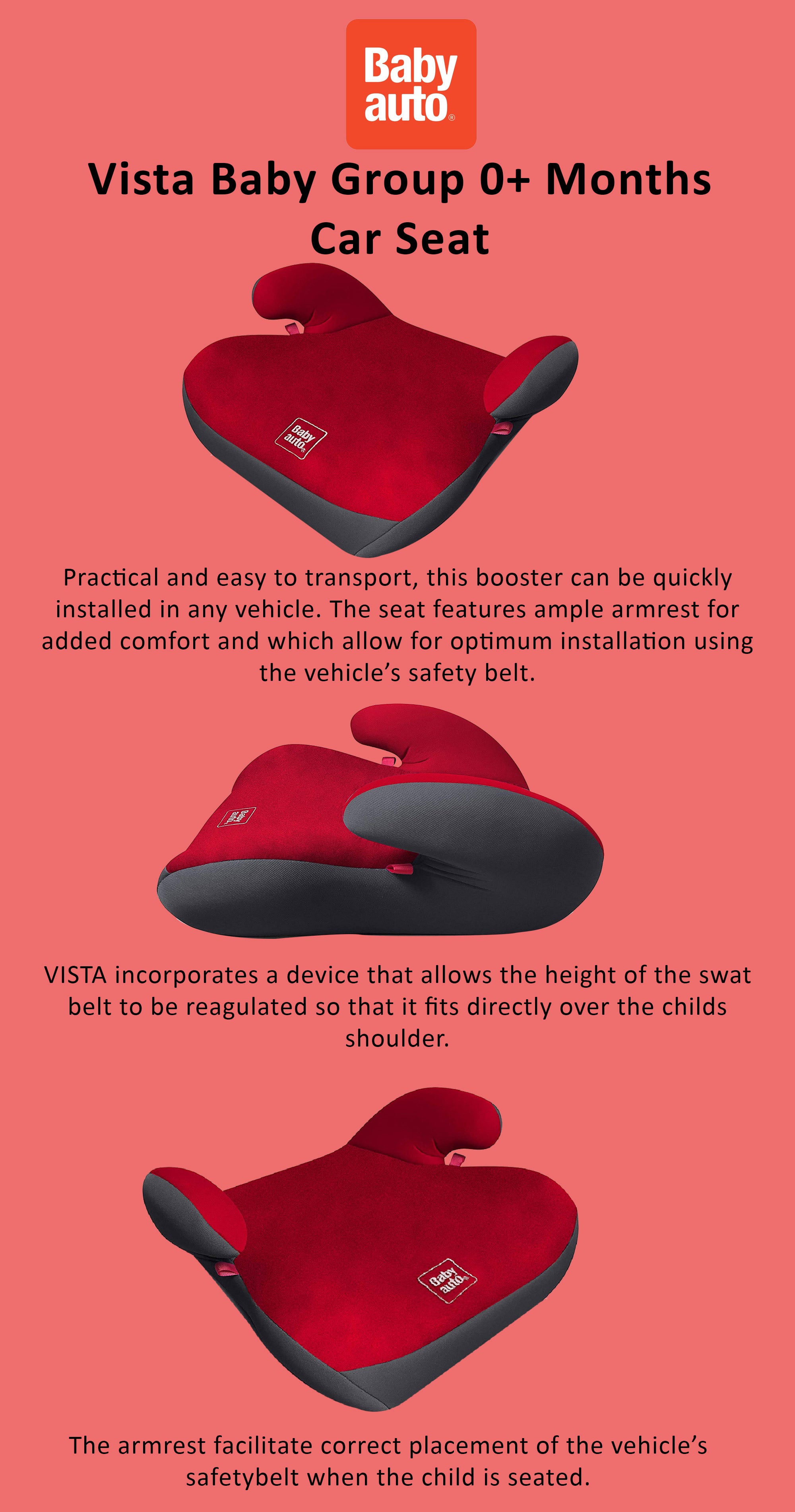 Vista Kids, Baby Travel Booster Seat With Wide Armrest Suitable From 4 To 12 Years, Upto 36Kg - Red