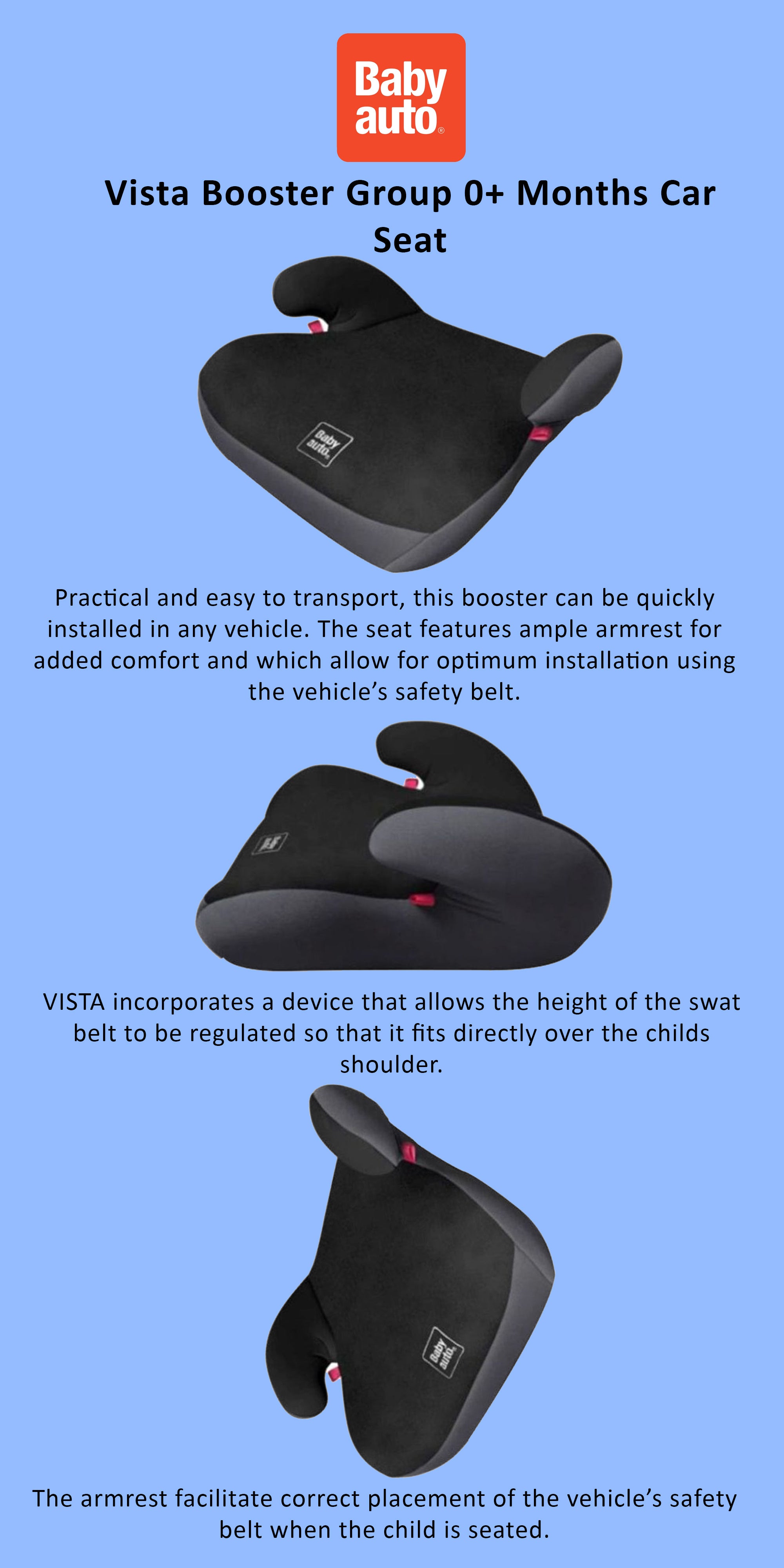 Vista Kids, Baby Travel Booster Seat With Wide Armrest Suitable From 4 To 12 Years, Upto 36Kg - Black