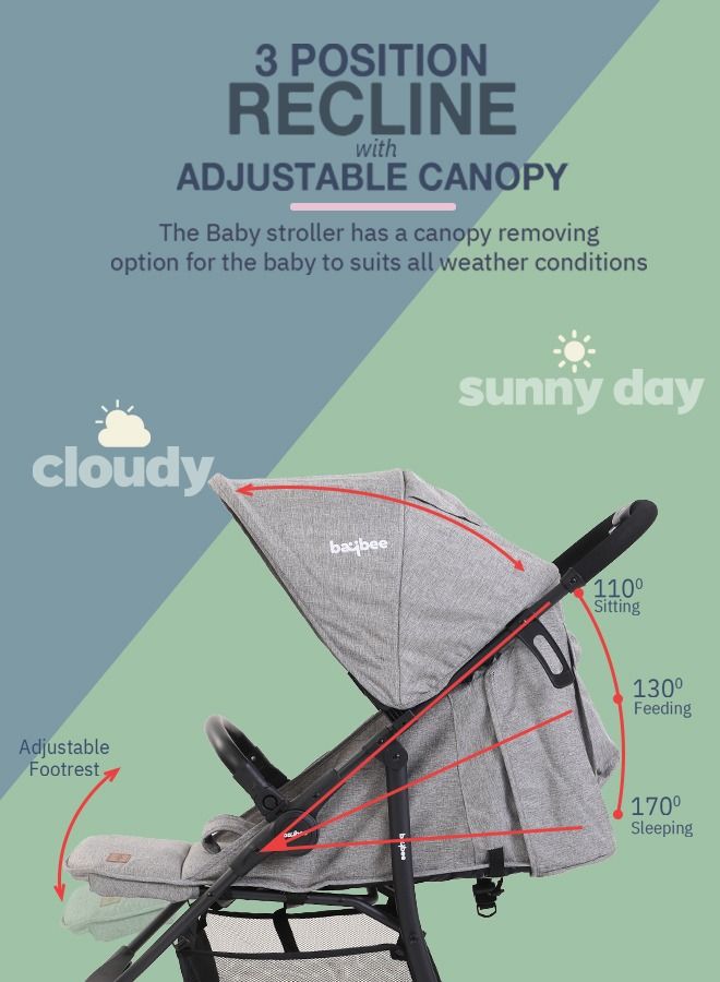Infant Baby Pram Stroller for Newborn Babies with Aluminium Frame 3 Position Adjustable Seat Canopy Bassinet Large Wheels Baby Stroller for Baby Toddlers 0 to 3 Years Boy Girl Grey