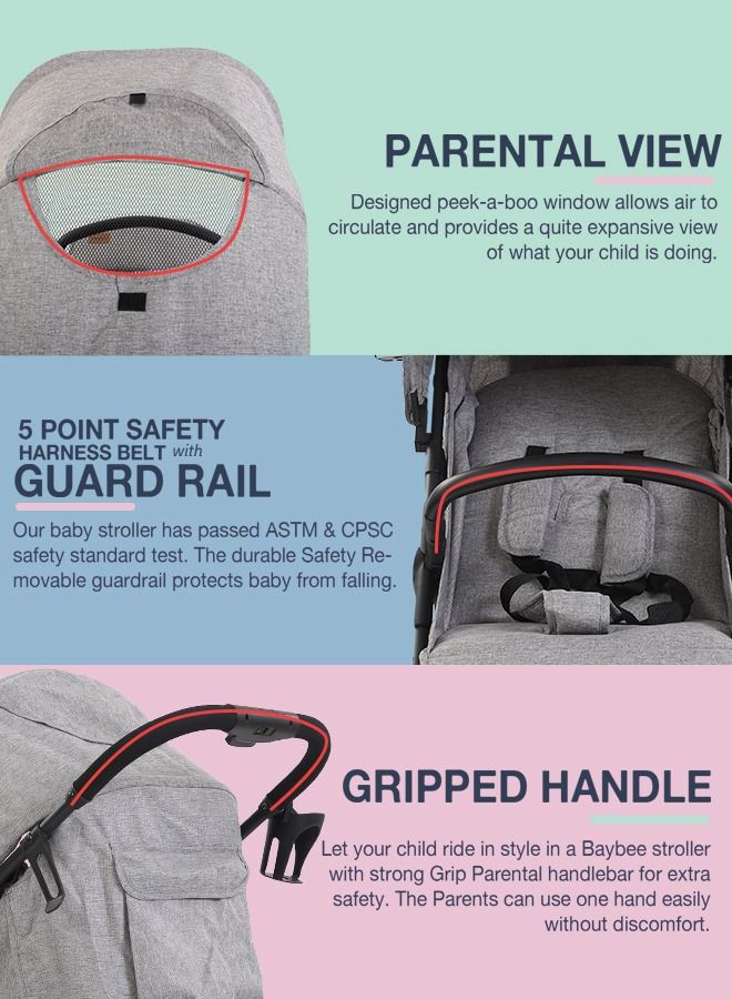 Infant Baby Pram Stroller for Newborn Babies with Aluminium Frame 3 Position Adjustable Seat Canopy Bassinet Large Wheels Baby Stroller for Baby Toddlers 0 to 3 Years Boy Girl Grey