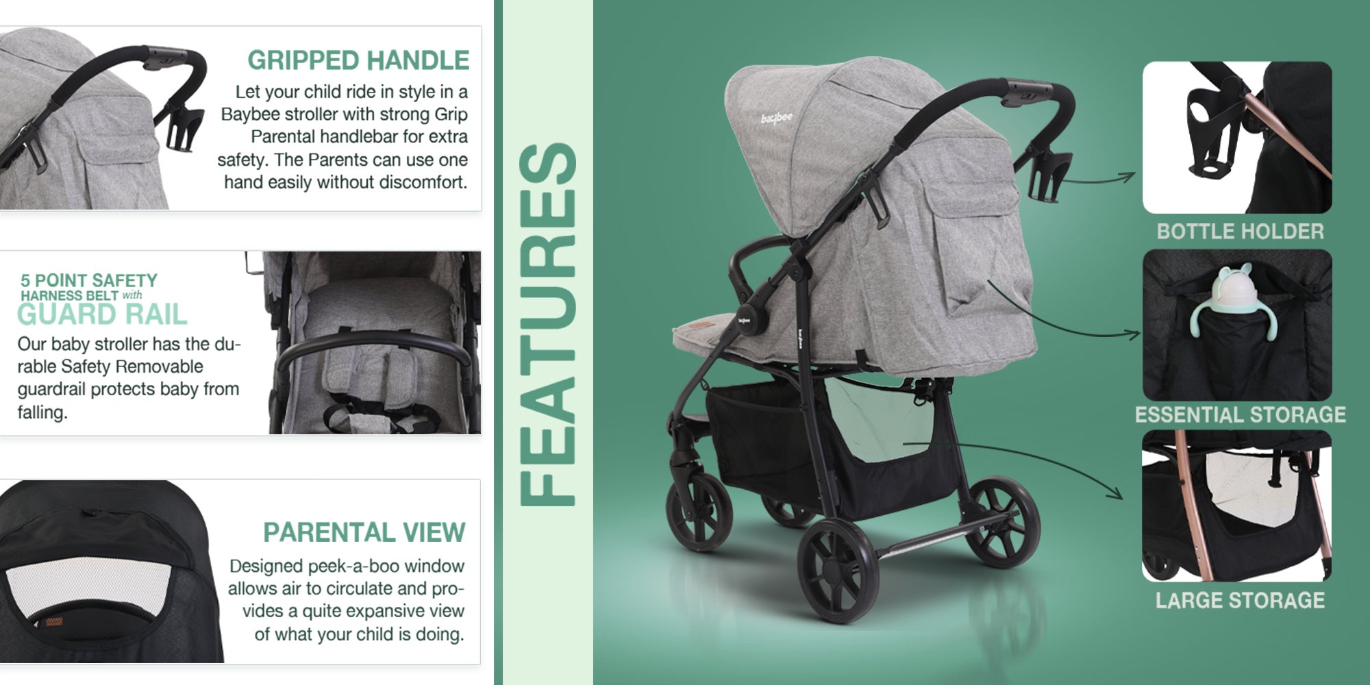 Infant Baby Pram Stroller for Newborn Babies with Aluminium Frame 3 Position Adjustable Seat Canopy Bassinet Large Wheels Baby Stroller for Baby Toddlers 0 to 3 Years Boy Girl Grey