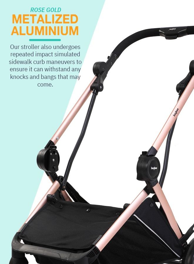 3 In 1 Convertible Baby Pram Stroller With Car Seat Combo Aluminium Frame 3 Position Adjustable Canopy Reversible Seat Travel System Stroller For Baby Toddlers 0-3 Years Boys Girls Rose Gold