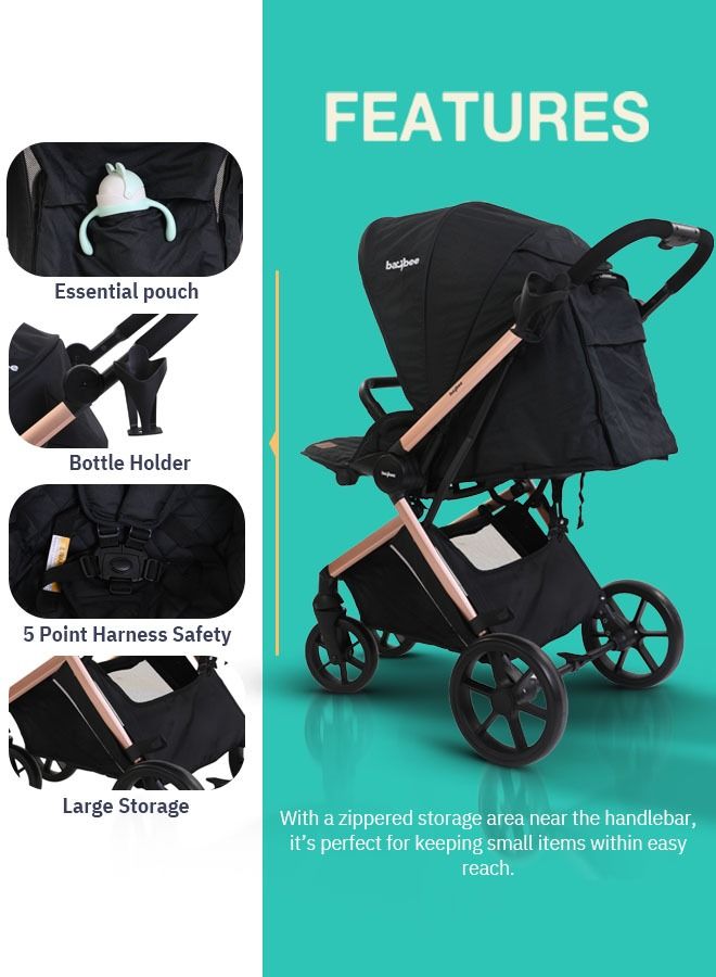 3 In 1 Convertible Baby Pram Stroller With Car Seat Combo Aluminium Frame 3 Position Adjustable Canopy Reversible Seat Travel System Stroller For Baby Toddlers 0-3 Years Boys Girls Rose Gold