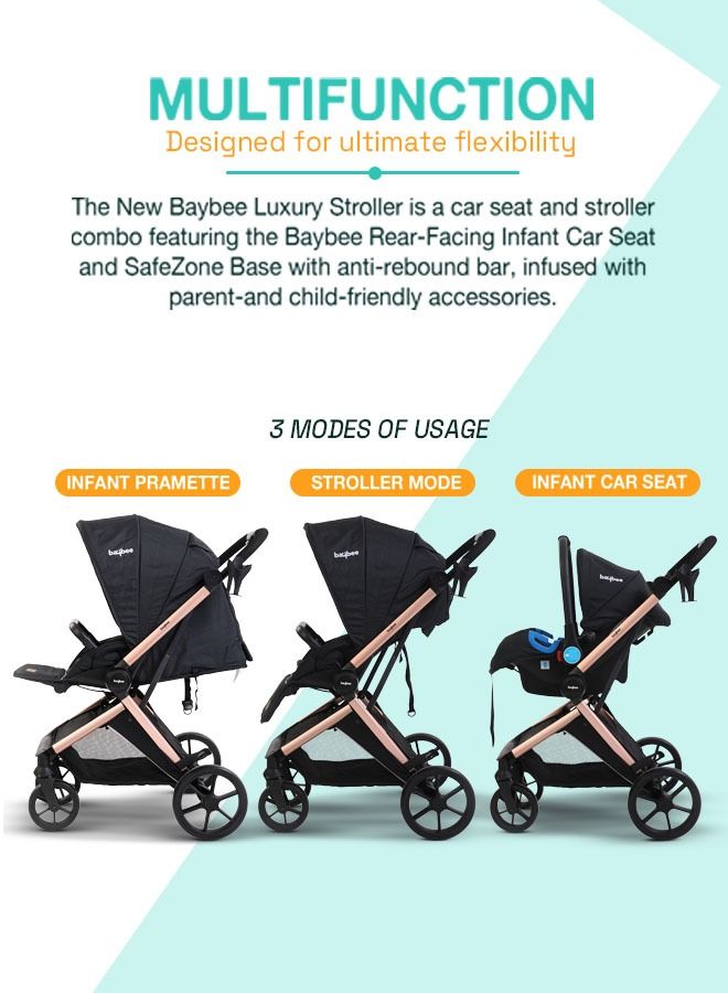 3 In 1 Convertible Baby Pram Stroller With Car Seat Combo Aluminium Frame 3 Position Adjustable Canopy Reversible Seat Travel System Stroller For Baby Toddlers 0-3 Years Boys Girls Rose Gold