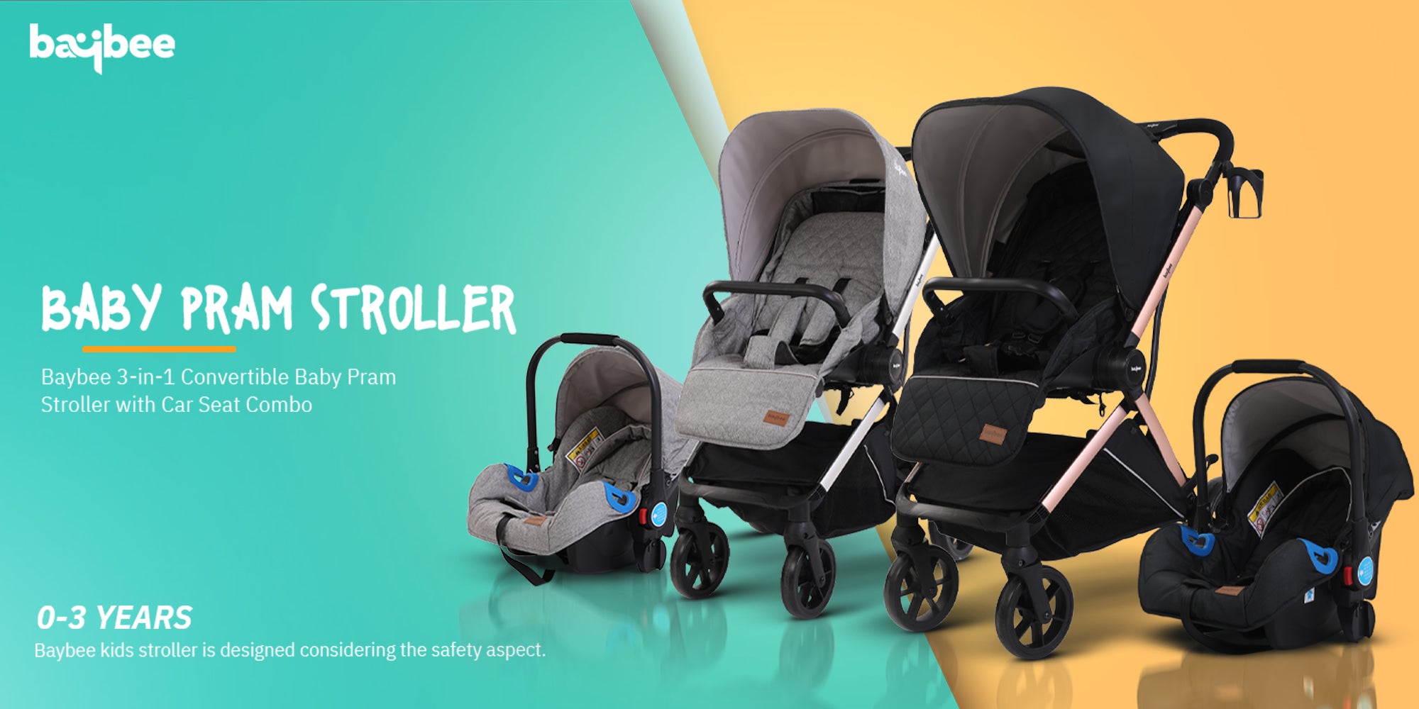 3 In 1 Convertible Baby Pram Stroller With Car Seat Combo Aluminium Frame 3 Position Adjustable Canopy Reversible Seat Travel System Stroller For Baby Toddlers 0-3 Years Boys Girls Rose Gold