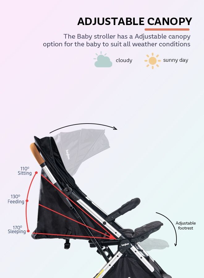 Baybee Infant Baby Pram Stroller for Newborn Babies Foldable Baby Stroller with Aluminium Frame 3 Position Adjustable Seat Canopy Travel System Stroller for Baby Toddlers 0 to 3 Years Boys Girls Black