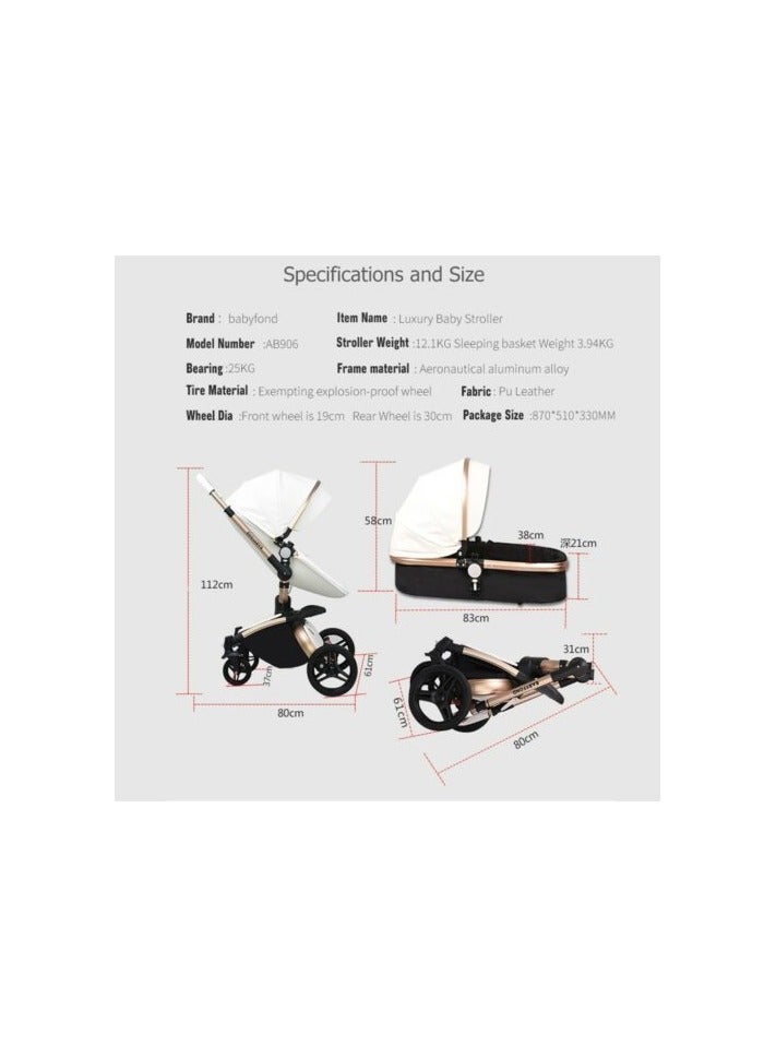 Luxury Baby Stroller 3 In 1 Fashion Carriage Gold Frame Pram