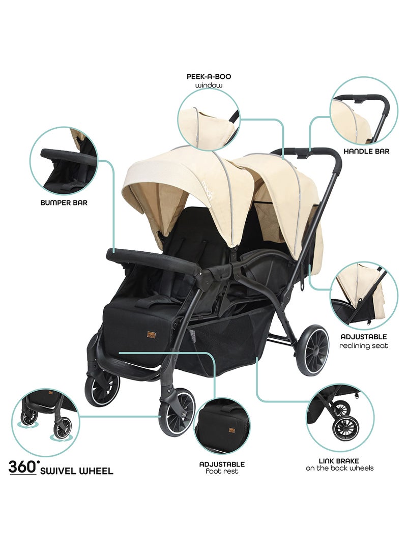 Dois - Twin Stroller - Beige, Twin Baby Stroller Pram