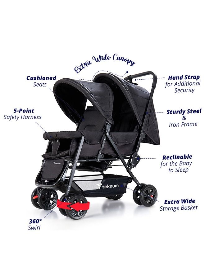 Double Baby Stroller with Hooks - Black