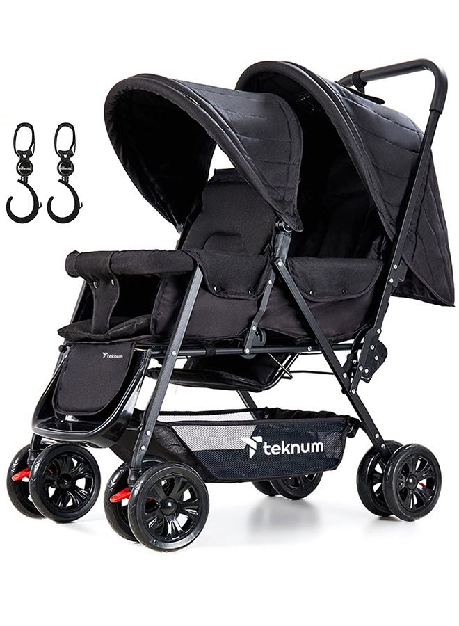 Double Baby Stroller with Hooks - Black