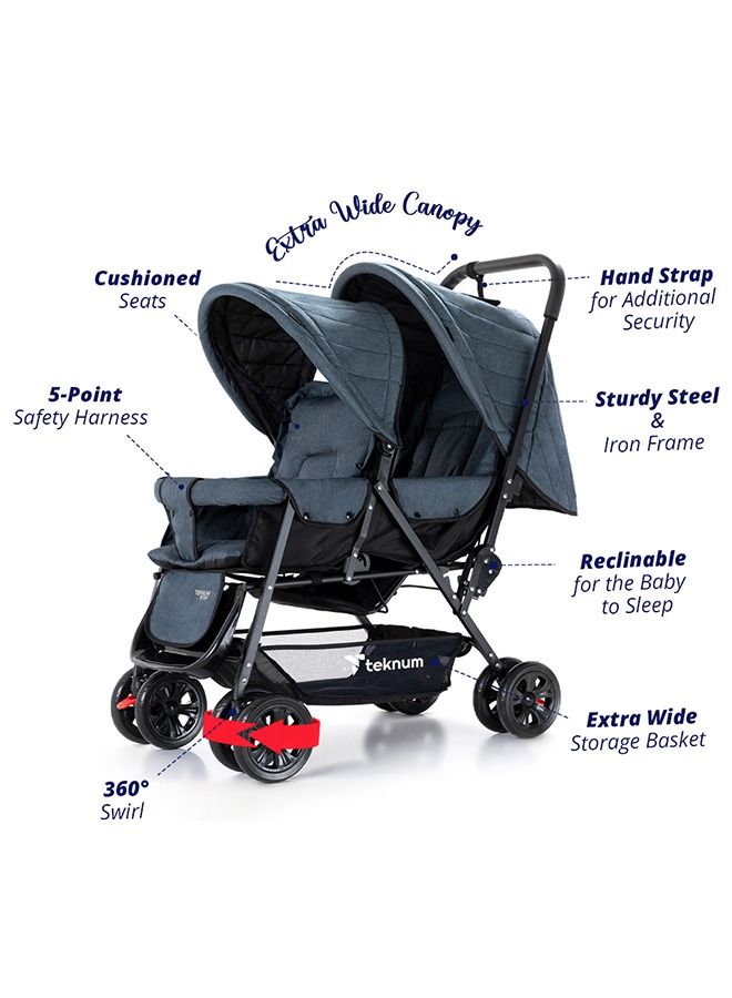 Double Baby Stroller with Hooks - Grey