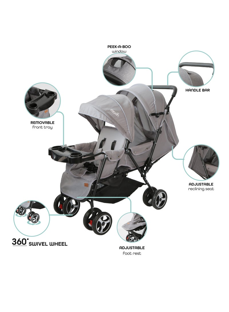 Magnum Tandem Easy Fold Twin Travel Stroller - Light Grey