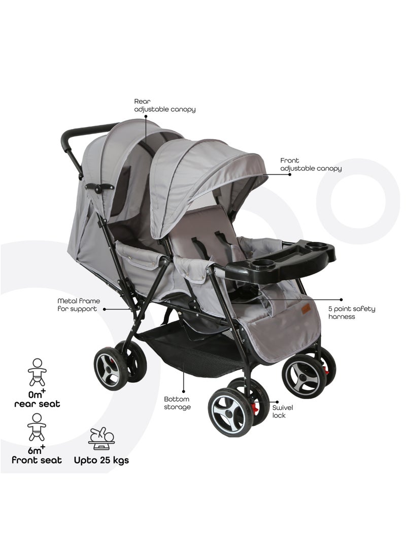 Magnum Tandem Easy Fold Twin Travel Stroller - Light Grey