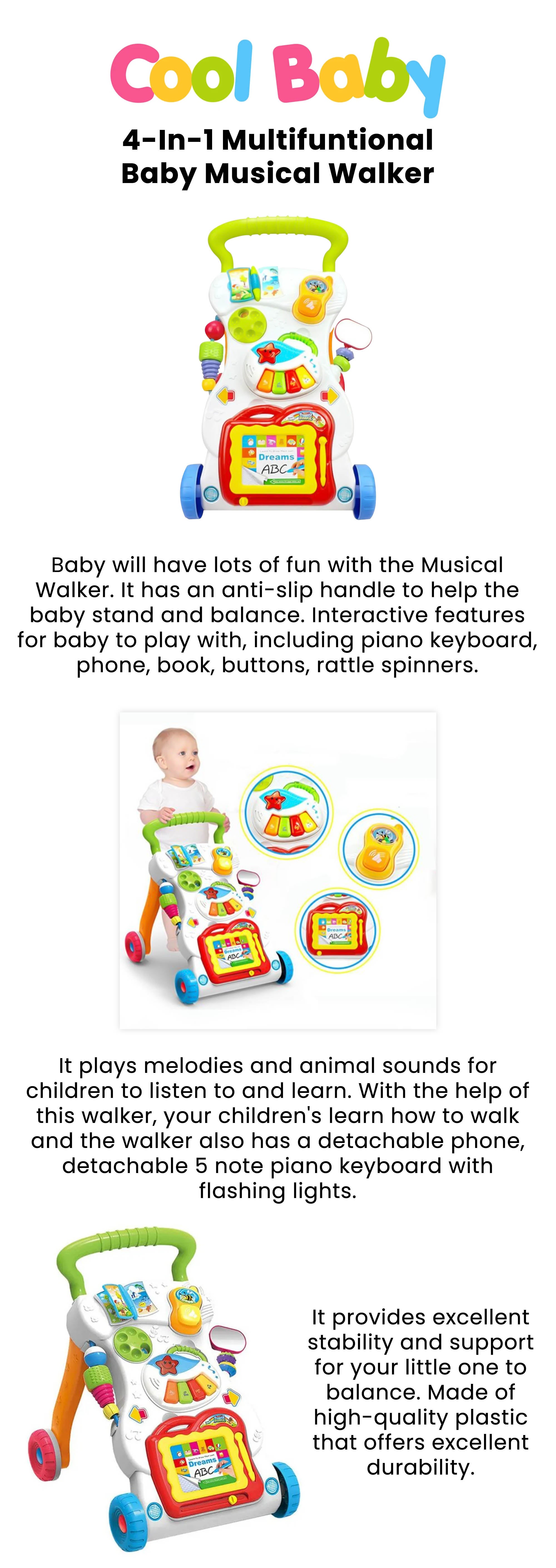 4-In-1 Multifunctional Baby Musical Walker, Smooth-Rolling Wheels, Anti-Tipping, Easy-To-Operate Handle, 9-12 Months