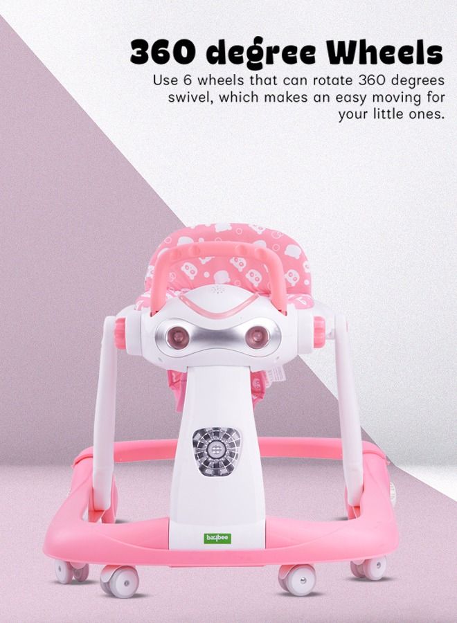 2 In 1 Twist Pro Baby Walker Round Kids Walker For Baby With 3 Adjustable Height Removable Seat Led Light And Musical Toy Bar Baby Push Walker For Baby Boys Girls 6 To 24 Months Pink