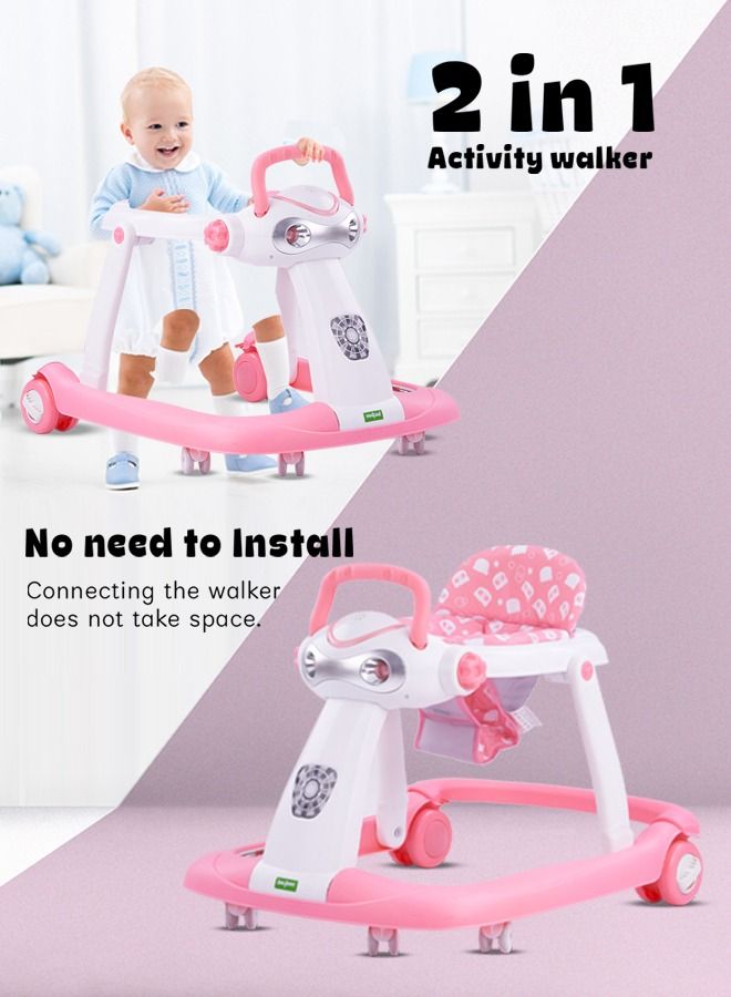 2 In 1 Twist Pro Baby Walker Round Kids Walker For Baby With 3 Adjustable Height Removable Seat Led Light And Musical Toy Bar Baby Push Walker For Baby Boys Girls 6 To 24 Months Pink