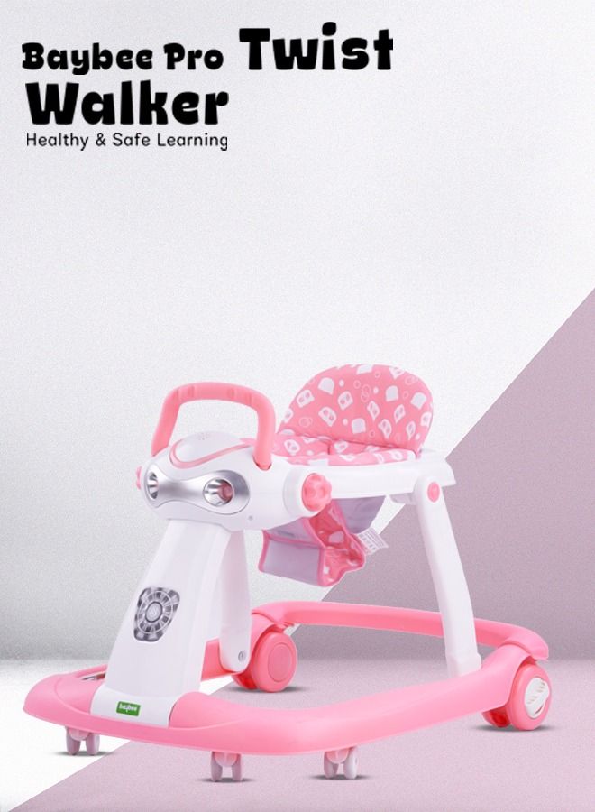 2 In 1 Twist Pro Baby Walker Round Kids Walker For Baby With 3 Adjustable Height Removable Seat Led Light And Musical Toy Bar Baby Push Walker For Baby Boys Girls 6 To 24 Months Pink