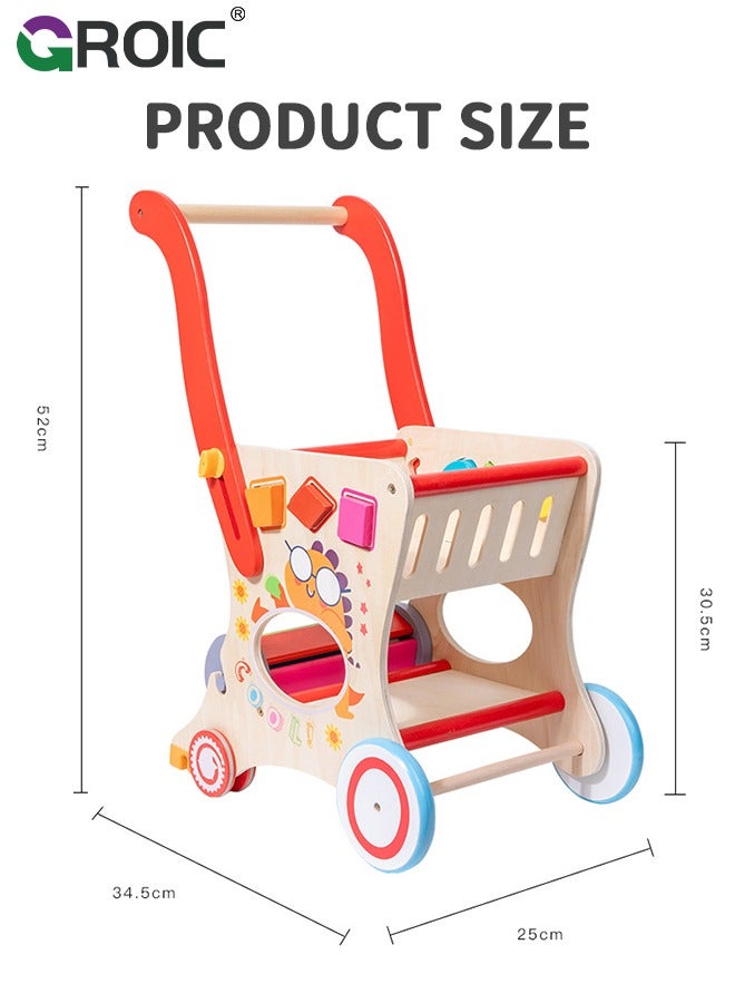 Wooden Baby Walker, Baby Push Walker for Kids, Toddler Shopping Cart for Girl and Boy Shape Sorting Grocery Cart Push & Pull Toy,Kids Learning Walker Montessori Toys