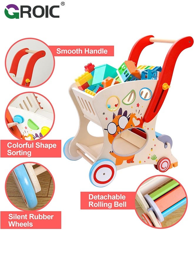 Wooden Baby Walker, Baby Push Walker for Kids, Toddler Shopping Cart for Girl and Boy Shape Sorting Grocery Cart Push & Pull Toy,Kids Learning Walker Montessori Toys