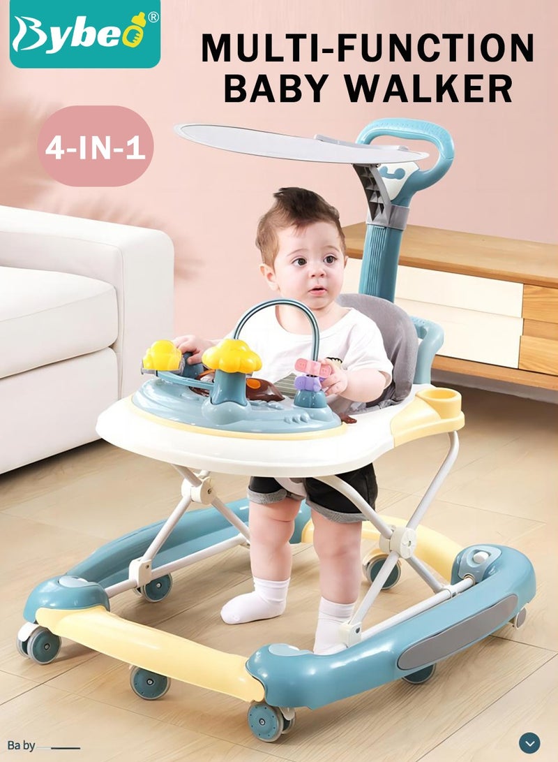 4-in-1 Multifunctional Baby Walker for Boys and Girls, Foldable Activity Walkers with Mute Wheels, Adjustable Height Anti-Rollover Infant Walk Play Meal Chair, Pram Stroller for Toddlers 6-18 Months