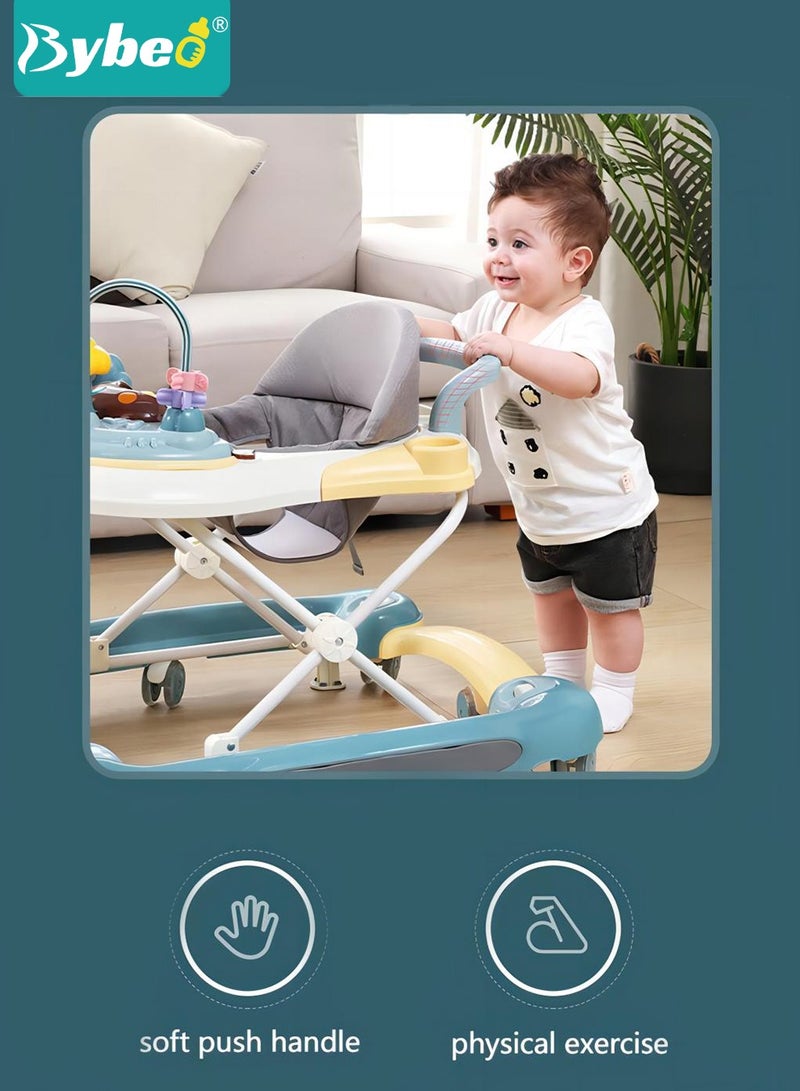 4-in-1 Multifunctional Baby Walker for Boys and Girls, Foldable Activity Walkers with Mute Wheels, Adjustable Height Anti-Rollover Infant Walk Play Meal Chair, Pram Stroller for Toddlers 6-18 Months