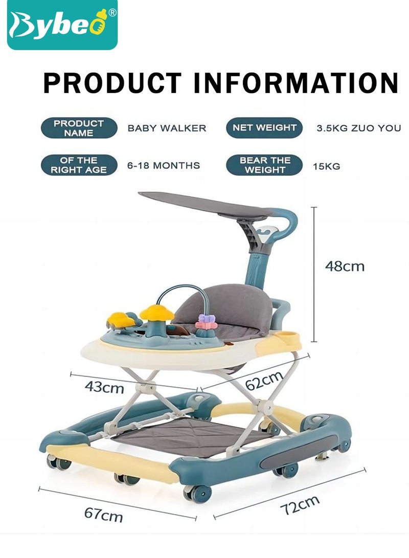 4-in-1 Multifunctional Baby Walker for Boys and Girls, Foldable Activity Walkers with Mute Wheels, Adjustable Height Anti-Rollover Infant Walk Play Meal Chair, Pram Stroller for Toddlers 6-18 Months