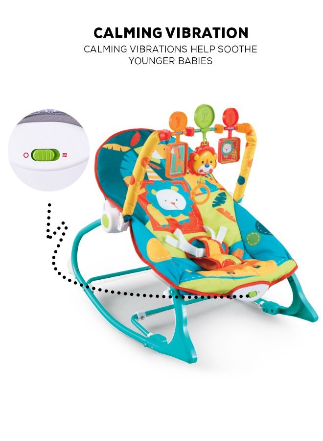 Nora Baby Bouncer And Rocker Chair With Soothing Vibrations Multi Position Recline 3 Point Safety Belt Removable Toys For 0 To 2 Years Boys Girls Green