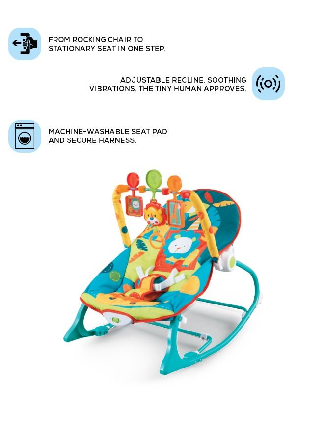 Nora Baby Bouncer And Rocker Chair With Soothing Vibrations Multi Position Recline 3 Point Safety Belt Removable Toys For 0 To 2 Years Boys Girls Green