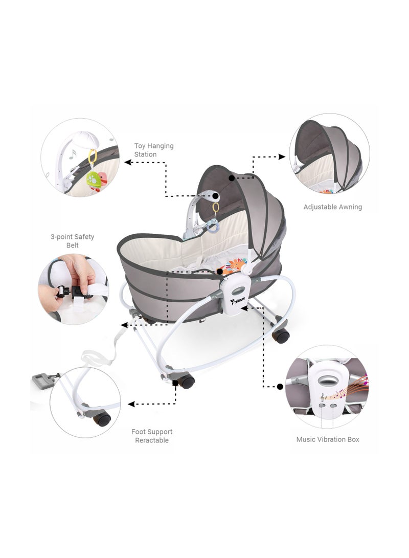 6 - In - 1 Cozy Rocker Bassinet With Wheels, Awning And Mosquito Net - Grey
