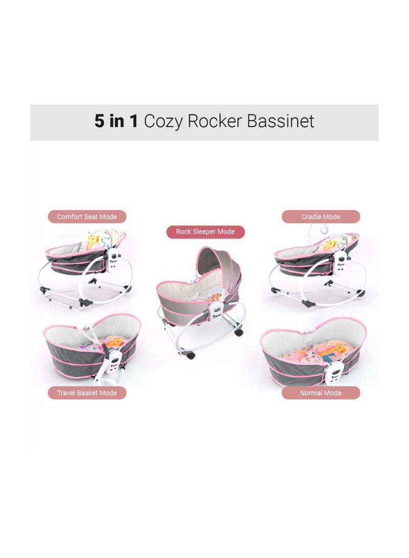 6 - In - 1 Cozy Rocker Bassinet With Wheels, Awning And Mosquito Net - Pink