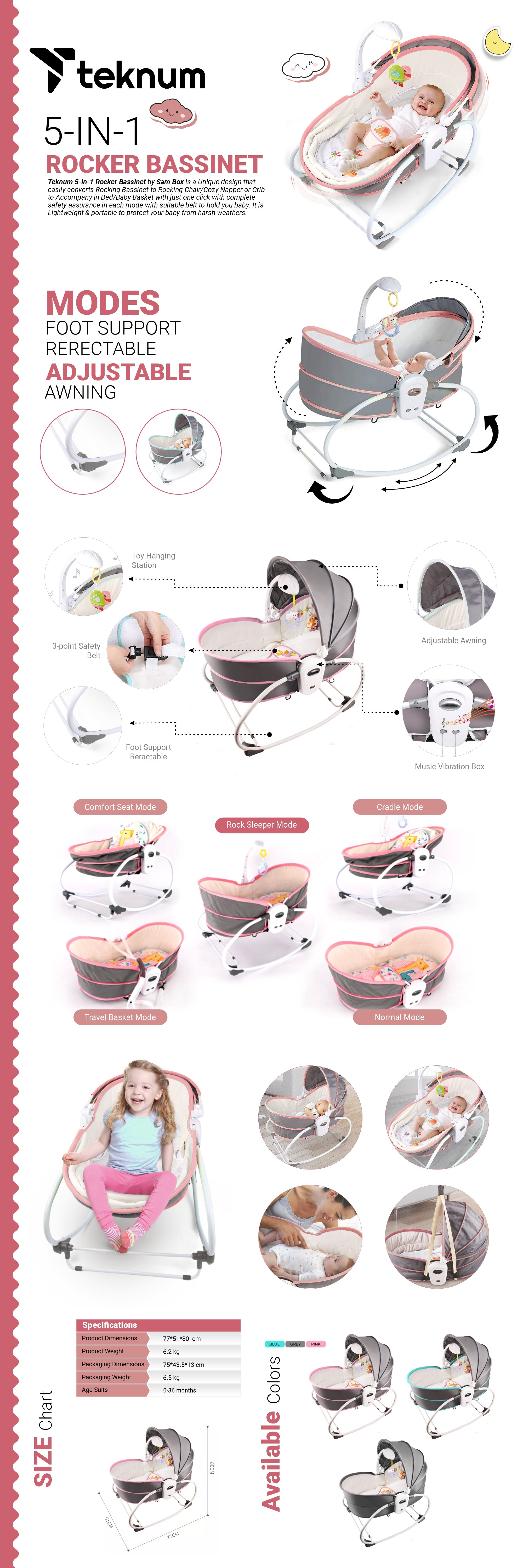 6 - In - 1 Cozy Rocker Bassinet With Wheels, Awning And Mosquito Net - Pink